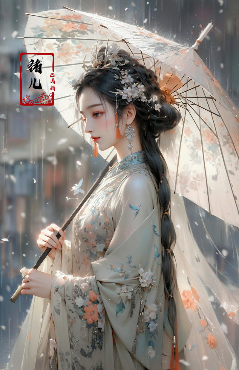 606247209521968601-1311185871-A woman holds a oil-paper umbrella on her shoulder to shelter from the rain as part of a fashion event in the style of Yue Xiaof.jpg